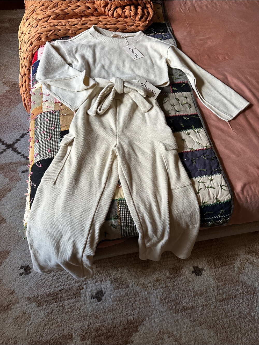 Choosy Cream Knit Crop Top & Tie-Waist Pants Set